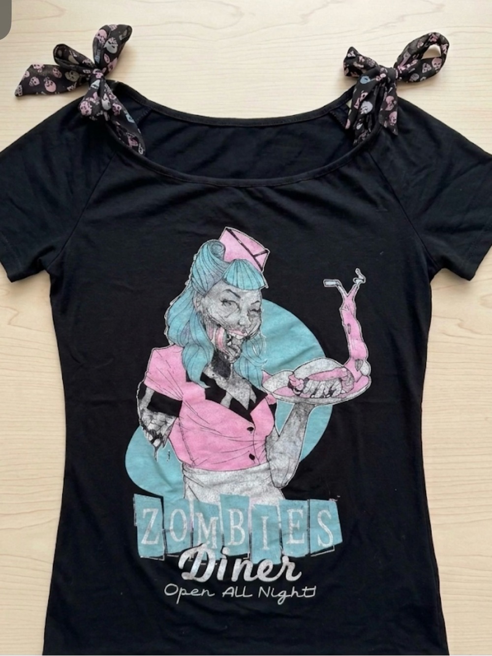 Too Fast Black Tee with Pink & Blue Zombie Diner Graphic Goth Zombie Girl